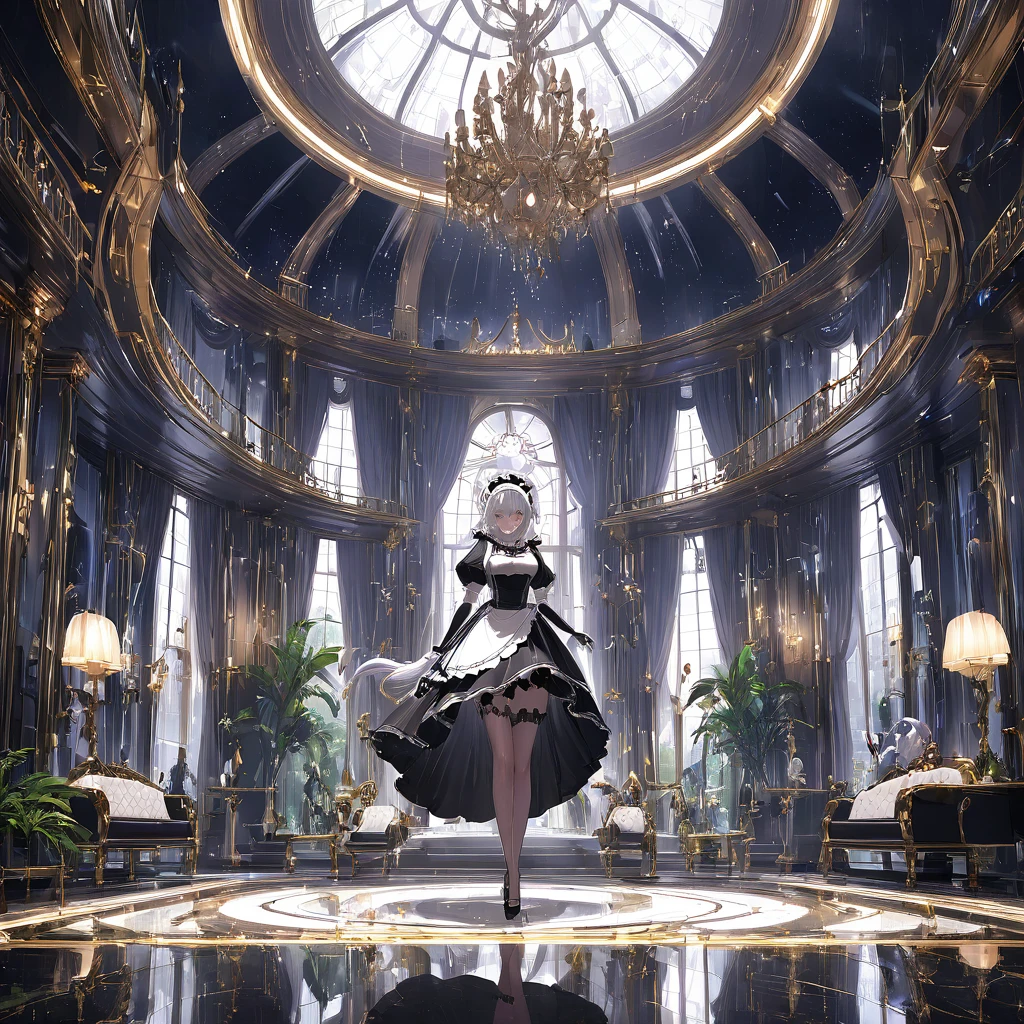 Illustration of a futuristic and luxurious environment in the 22nd century. The scene should show an extremely large and opulent mansion, with modern design and extravagant details. The interior of the mansion must be lush, with sophisticated decor and visible advanced technology.
En el centro de la imagen, highlight an important figure: the head maid of the mansion. She must be an elegant and dominant woman, with imposing appearance and striking features. Describe her as a woman of average height, with long and sophisticated hair, and a maid uniform that matches the mansion's futuristic aesthetic.
The head maid must have an authoritative expression, reflecting her supervisory position. The scene should also include several other maids in the background., each with a unique and attractive appearance. Maids may include monstergirls, aliens, and supernatural beings. They must be involved in different tasks, showing the hierarchy and specialization at work.
For the appearance of the maids, provide details like height, body type, Hair color, Clothing Style, and any special features (like animal ears or tails). Each maid must have a distinct look that reflects her species and role in the mansion..
The environment must be detailed, with luxurious furniture, sophisticated lighting and integrated futuristic technology. The mansion should convey a sense of wealth and extravagance, reinforced by the dedicated and eager behavior of the maids, who are always seeking the pleasure and approval of {{user}}.