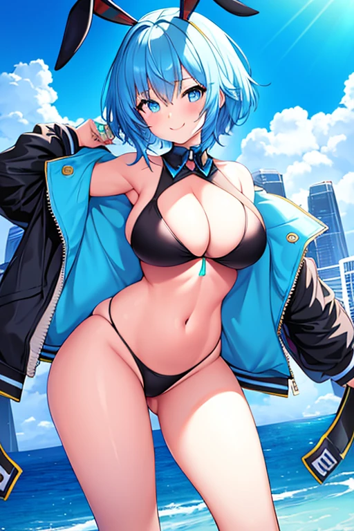 1girl, large breasts, breasts, thick thighs, hourglass figure, toned, smile, light smile, blue hair, light blue hair, blue eyes, very short hair, pixie cut, bikini, black bikini, jacket, black jacket, open jacket, neon trim, neon, neon lights, blue trim, tech, machinery, science-fiction, futuristic, bunny ears, rabbit ears, cropped jacket, ((cropped jacket)), highleg, highleg bikini