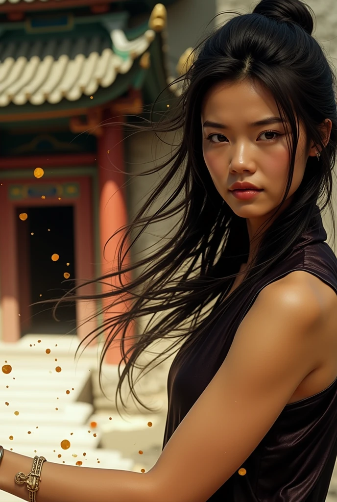 (RAW Photo, Best Quality), (Realistic, Photo Realistic: 1.3), Best Quality, Highly Detailed, Masterpiece, Hyperdetail, Illustration, 1 Girl, Dynamic Angle, World Masterpiece Theater, messy_long_hair, Best Quality, Very Detailed CG Unity 8k Wallpaper, Ink, Amazing, Cinematic Lighting, lens_flare, Full Body Image: 1.2, dunhuang_style, Flying: 1.2