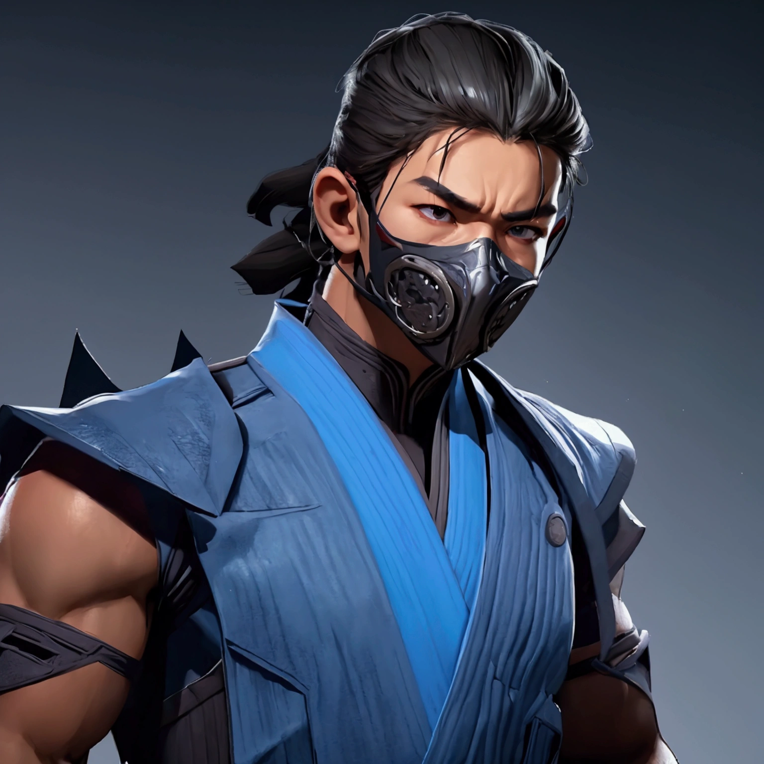 envision a 8k, highres, semi realistic cinematic close up portrait of a fierce strong faced ninja man with a slender muscular body, clean shaved, sleek black hair, and black eyes, ninja robes, ninja armor, mortal kombat ninja face mask, half face mask, against a dark gray background