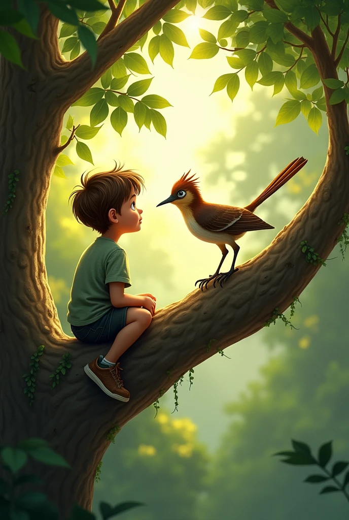 tom the boy spotted a bird.  from the tree he was  sitiing on



