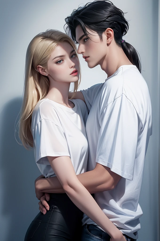 A tall handsome young man with black hair, with long black hair gathered in a tight ponytail, short bangs, blue eyes, he is wearing a white T-shirt and white jeans, he hugs an incredibly beautiful tall blonde femme fatale young blonde woman with a very short haircut standing next to him, she has dark blue eyes, She is wearing a simple black dress. Masterpiece, perfect image, realistic pictures, detailed face study, full-length image, 8k, detailed image. an extremely detailed illustration, a real masterpiece of the highest quality, with careful drawing.