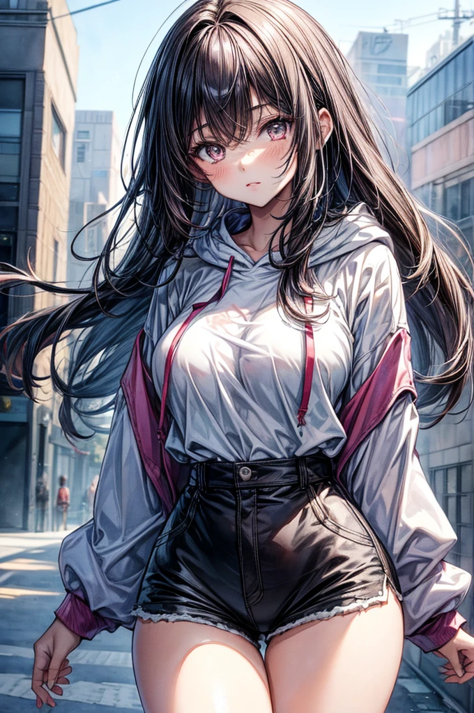 ((Sketch)), ((Watercolor)), ((best quality)), ((masterpiece)), (detailed), 4k image, anime style, beautiful young girl, young 1 teenager, her aura oozes youth, tanned white skin, oval shaped face, cherry pink lips, big round velvet colored eyes, C-cup breasts, sharp and arrogant facial features, slender body yet curvy type, full oversized hoodie, loose dolphin shorts, Sleek waist length dark violet-black hair, small narrow waist, small but full curvy hips, tall height(175cm)