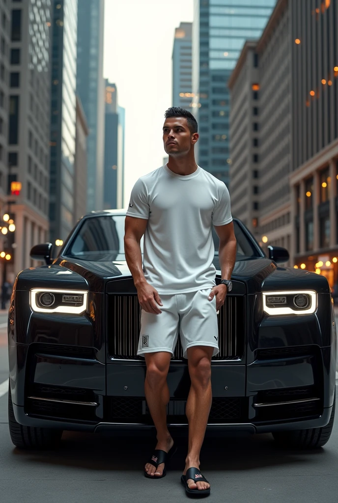 Cristiano Ronaldo ;qui sort d'un rolls roys;noir;portant un survêtement blanc amiri;des chaussures jordan blanc;;à Chicago