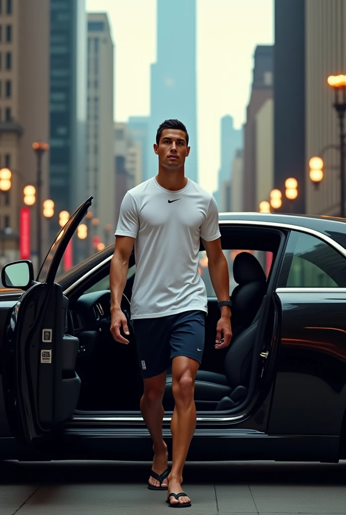 Cristiano Ronaldo ;qui sort d'un rolls roys;noir;portant un t-shirt blanc nike;claquette noir;à Chicago 