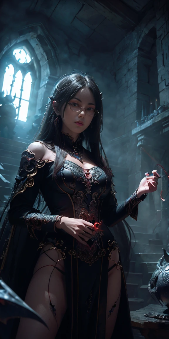 Fine、(The best illustrations)、8k UHD resolution、details Intricate、Maximum quality、realisitic、ultra detali、The best lighting、better shadows、soft lighting、Ultra HD、Dungeonpunk and Dragon、caves、Dungeonpunk、 A Necromancer、the night、estilo dark、together、Devil's daughter、bat wings,(((Demon Hornlack round rimmed glasses))))、(((Colossal tits)))、(devil's tail)、(red eyes glowing:1.6)、Masterpiece artwork、beautiful countenance、Tindall Effect、fotos realisitics、(High Detail Skins:1.2)、8 KUHD、slr digital、high qualiy、one photo、high resolution、 absurderes、Ponytail Distortion、best proportion four fingers and a thumb、1 girl、hair ornaments、Sparkling red gemstone necklace、jewerly、Beautiful expression、Body up、Emphasis on large breasts、toned waist、wide buttocks、Tindall Effect、Photorealistic、(High Detail Skins:1.2)、pink nipple, pink pussy