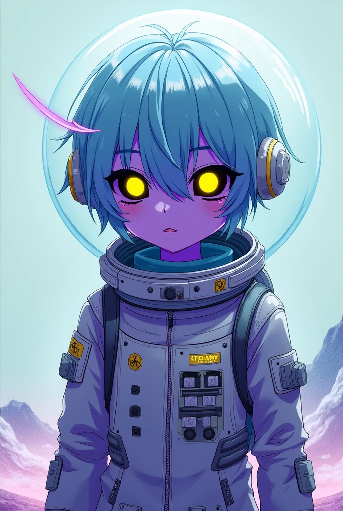 Anime Boy with purple skin, blacked out eyes with yellow pupils, and light blue hair in astronaut suit