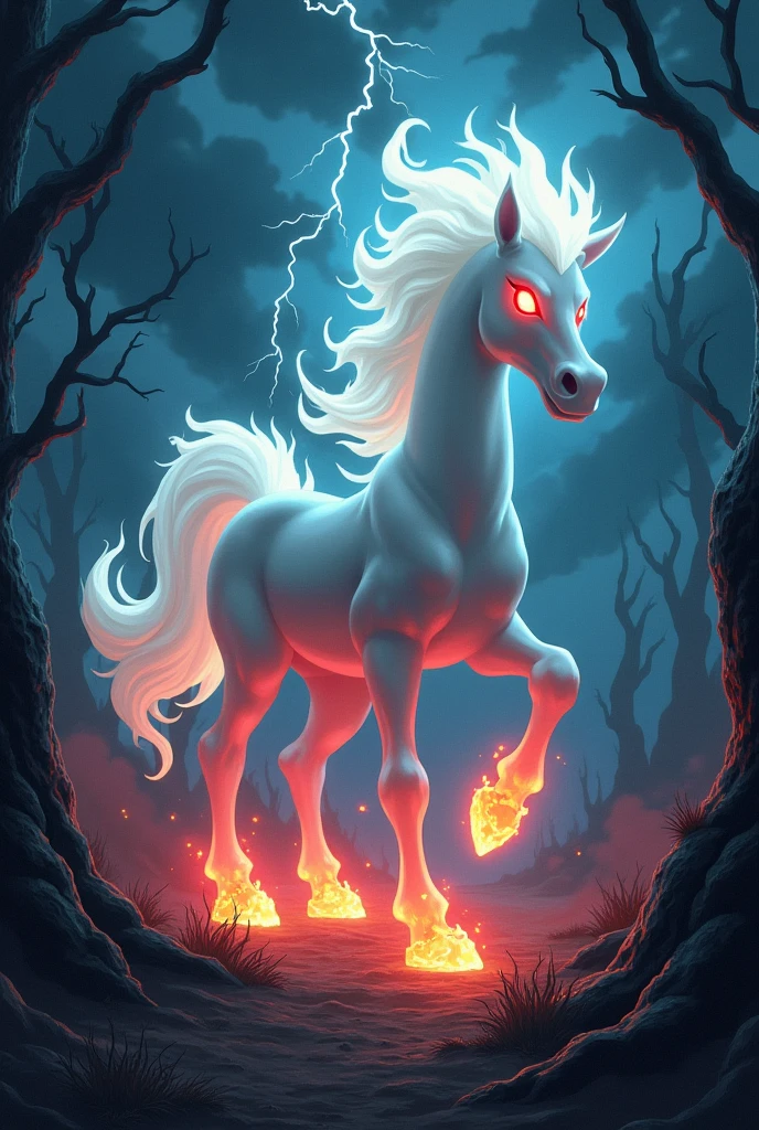 A legendary ghost and fire type Pokémon inspired by a horse at night in a horror cartoon style.