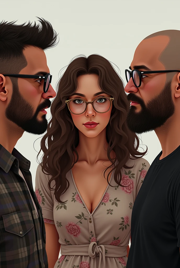 Make a drawing: 1. short military brown hair man, bearded, round glasses and plaid shirt. 2. stocky white woman, long curly brown hair, gold frame glasses and floral dress. 3. Man with shaved hair and brown colored receding hairline, bearded e camiseta preta. The three are looking at each other.