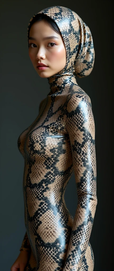 The most beautiful,thin,most pretty and clever Asian Chinese adult girl wears snake lycra turtleneck unitard catsuit .She always wear snake print lycra dancewear hijab.