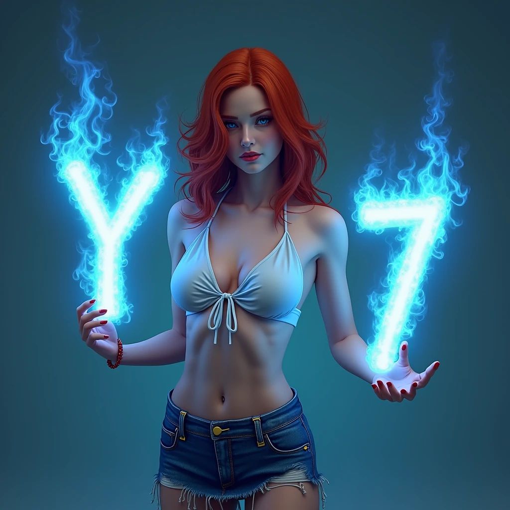 Redhead woman in white bikini and denim skirt, with 20cm red heel, holding the letter Y of blue fire in the right hand and the number 7 of blue fire in the left hand.