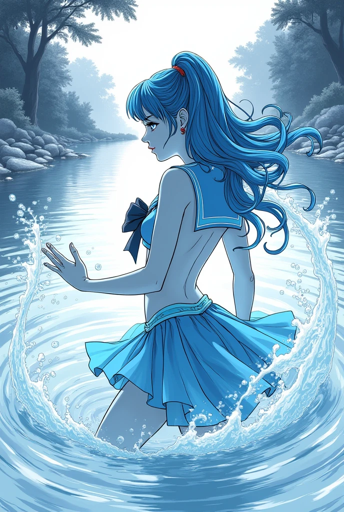Monochrome manga illustration, Sailor Mercury, ethereal beauty, flowing azure hair cascading like water, donned in a stunning attire resembling waves, strikingly focused gaze mastering swirling torrents, hands gracefully positioned, wielding elemental water, intricate ripples emanating from fingertips, serene river bed as backdrop, smooth pebbles reflecting delicate shadows, tranquil atmosphere contrasting with dynamic water movements, low-angle perspective emphasizing her commanding presence, delicate line detailing enhancing the fluidity of water, rhythmic waves depicted with intricate hatching, layered tones showcasing depth and texture, depth of field blurring river banks softly, serene ambiance with soft gradients, evocative expression capturing determination and tranquility, harmonious balance of strength and elegance, seamlessly merging the two worlds of fantasy and serenity, high-contrast shadows highlighting her silhouette, captivating choreographed motion frozen in time, artistry reflecting the spirit of storytelling inherent in manga illustration