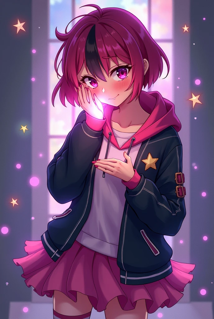 Beautiful girl. Star Darlings Scarlet. She blushes and cries being in love with cute Wisher girl like you covering her face with her glowing with stars magic hand. . Scarlet has short magenta hair with streaks of black in it and fuchsia eyes. She wears clothing consisting of black and pink with a sassy and noticeable style; a magenta hoodie with a white shirt underneath and a dark jacket on top, a cerise and dark magenta ruffled tutu secured with a sparkly belt and pink and black striped socks. Like all Starlings, her skin is slightly sparkly and bears a light complexion. Her Wish Pendant is a row of star-shaped buckles on each of her boots, which do more than secure them to her feet. They also alert her that she's close to her Wisher! From her classmates' point of view, Scarlet seems to be in a completely different orbit, which is just fine with her. She's confident, strong, and independent. Scarlet has an interest in music. She is passionate about it, making her the perfect drummer for the Star Darlings Band! She is also an enchanting Starling, as she's brave, intense and curious. Of course, Scarlet knows she needs to work on opening up to the other girls, but she's been a loner her whole life. She's not a warm, fuzzy, touchy-feely kind of girl. Because of this, Scarlet often alienates others by keeping to herself and being secretive. She is also stubborn, arrogant and jealous at Times. Starlings are a species of humanoid beings who inhabit the planet of Starland, being the dominant species and providing energy to power their civilization. Starlings are largely indistinguishable from humans, or Wishlings, possessing a range of skin tones from pale to darker skin, body types, as well as various eye and hair colors. Beautiful girl. She blushes and cries being in love with cute Wisher girl like you covering her face with her glowing with stars magic hand.