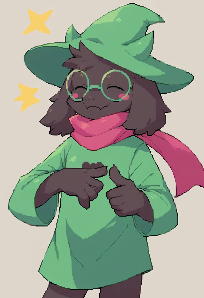  (score_9, score_8_up),furry, fur, face, Ralsei(deltarune), goat, dark fur, Green horns (they're usually pink, but the hat is covering them), black sleeves, cute, green glasses, hat, green shirt, standing, gojo pointing pose,pink scarf,closed eyes, happy, smug face,  {{Artist: %greatm8%}},  1furry, solo, male, Stickers