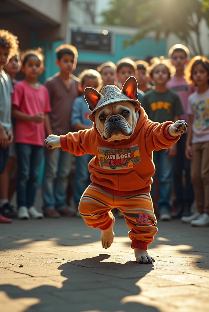 hyper-realistic photo of a French Bulldog wearing Life Djs clothing and a bucket hat breakdancing in front of a crowd of  in a circle with a stereo in the corner