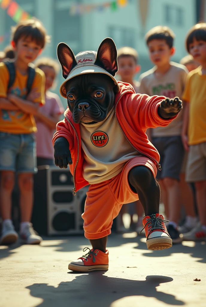 hyper-realistic photo of a French Bulldog wearing Life Djs clothing and a bucket hat breakdancing in front of a crowd of kids in a circle with a stereo in the corner