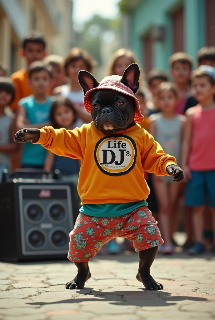 hyper-realistic photo of a French Bulldog wearing Life Djs clothing and a bucket hat breakdancing in front of a crowd of kids in a circle with a stereo in the corner