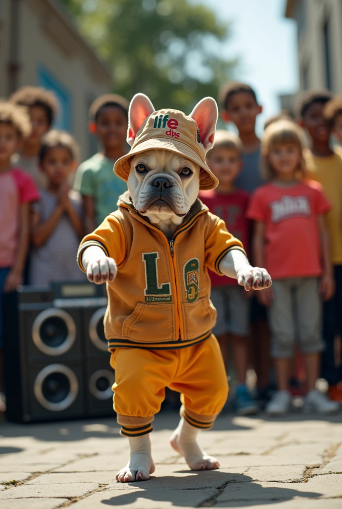 hyper-realistic photo of a French Bulldog wearing Life Djs clothing and a bucket hat breakdancing in front of a crowd of kids in a circle with a stereo in the corner