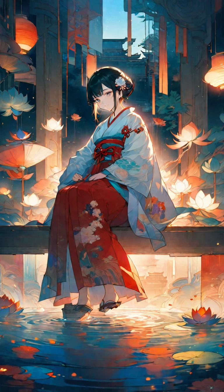 Masterpiece, anime girl, Woman in kimono sitting on a bench in a water pond, palace, A girl in Hanfu, Japanese art style, by Yang J, Beautiful anime art, Beautiful anime art, guweiz style artwork , guweiz, Beautiful anime art style, Beautiful anime, Beautiful anime style.