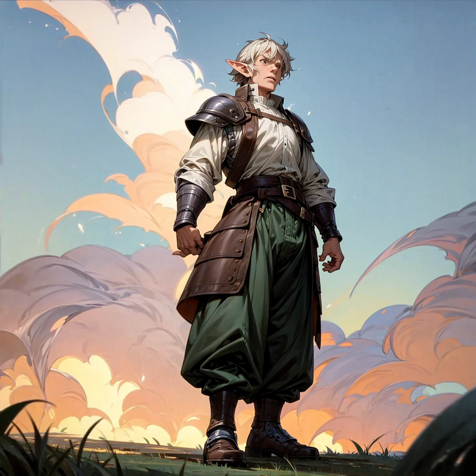 Solo character, full body version, old man, big man, muscle, (elf), brown eyes, white color hair, short Curly hair, white shirt, green long pants, shoes, belt, outdoor, field, Greenland, evening, medieval, standing gesture, detailed background, detailed clothing, detailed hair, (Makoto shinkai style art), thin beard, open mouth, angry, armor, smoke effect, fire effect 