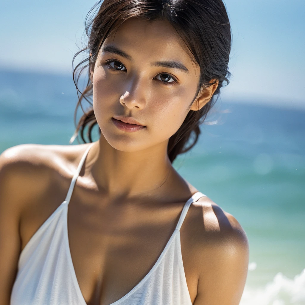 A hyper-realistic image of a single Japanese woman in her early 20s, captured with the nostalgic warmth and pronounced graininess of a film camera, showing her from the shoulders up as she stands on a sunlit beach. Her skin has a warm beige tone with a natural, visibly rough texture that includes pronounced pores, fine lines, and subtle imperfections such as small blemishes, slight unevenness, and a hint of sun exposure, contributing to the authenticity of her appearance. The texture of her skin is intentionally less smooth, with a tangible roughness that enhances the realism, making the surface appear slightly weathered by the elements. The soft, diffused natural light illuminates her face and shoulders with a gentle touch, casting shadows that subtly reveal the unevenness of her skin. Her straight, glossy black hair flows naturally in the ocean breeze, framing her face, and her deep brown eyes reflect the soft sunlight and the shimmering sea. The film camera effect amplifies the grain and texture, creating a warm, nostalgic atmosphere while maintaining the deliberately rougher, less polished texture of her skin. The composition, focused on her upper body, captures the serene elegance of the beach setting, highlighting the natural interaction of light and shadow on her skin. This combination of a rough, realistic skin texture, soft natural light, and the grainy film-like qualities ensures that the image presents an authentic, lifelike portrayal of the woman, centered on her face and shoulders.