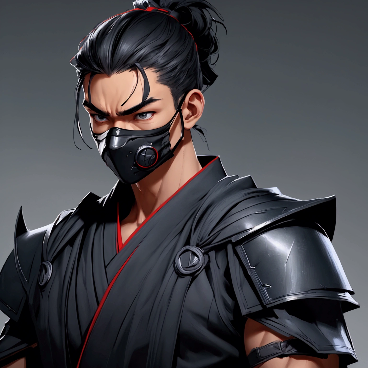 envision a 8k, highres, semi realistic cinematic close up portrait of a fierce strong faced ninja man with a slender muscular body, clean shaved, sleek black hair, and black eyes, ninja robes, ninja armor, mortal kombat ninja face mask, half face mask, against a dark gray background