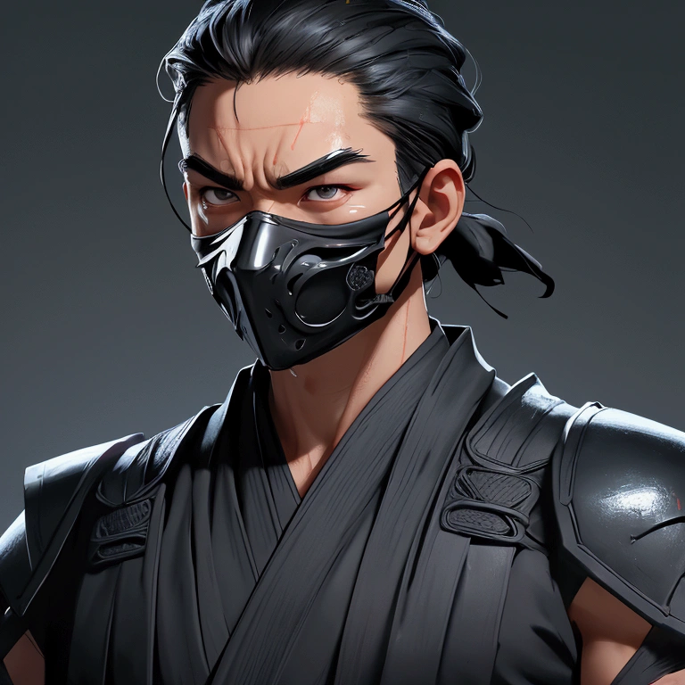 envision a 8k, highres, semi realistic cinematic close up portrait of a fierce strong faced ninja man with a slender muscular body, clean shaved, sleek black hair, and black eyes, ninja robes, ninja armor, mortal kombat ninja face mask, half face mask, against a dark gray background