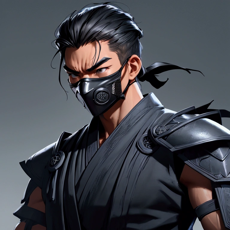 envision a 8k, highres, semi realistic cinematic close up portrait of a fierce strong faced ninja man with a slender muscular body, clean shaved, sleek black hair, and black eyes, ninja robes, ninja armor, mortal kombat ninja face mask, half face mask, against a dark gray background