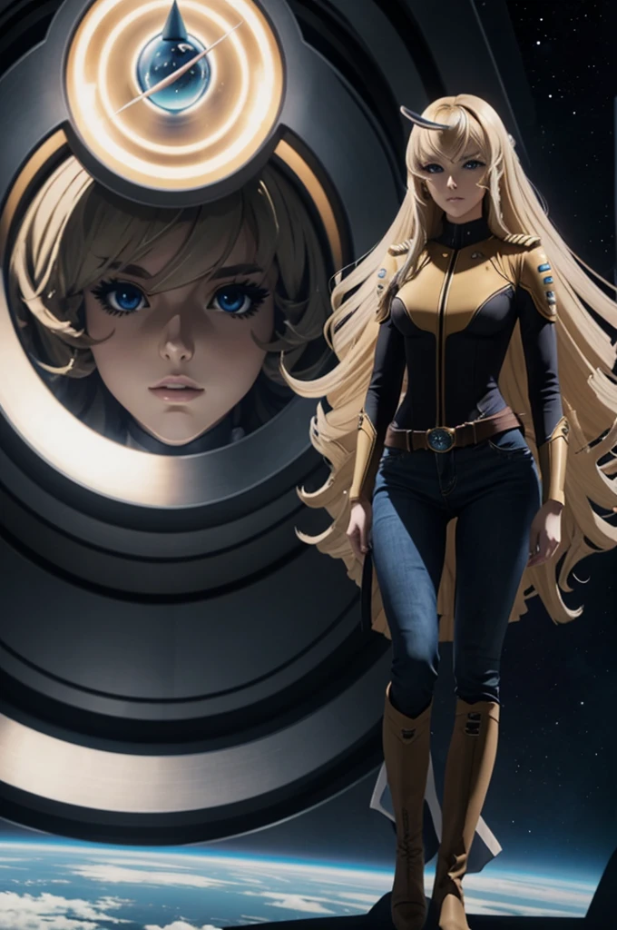 Anime style female character inspired by vintage space opera aesthetics, with elongated facial features, 165 cm tall, having blond, waist-length, wavy hair with V bangs, and blue eyes. She is wearing tight skinny jeans with high boots over them, adding an equestrian touch to her ensemble. The character's design reflects a blend of space opera elements and a realistic body proportion, highlighting her strong yet feminine presence.