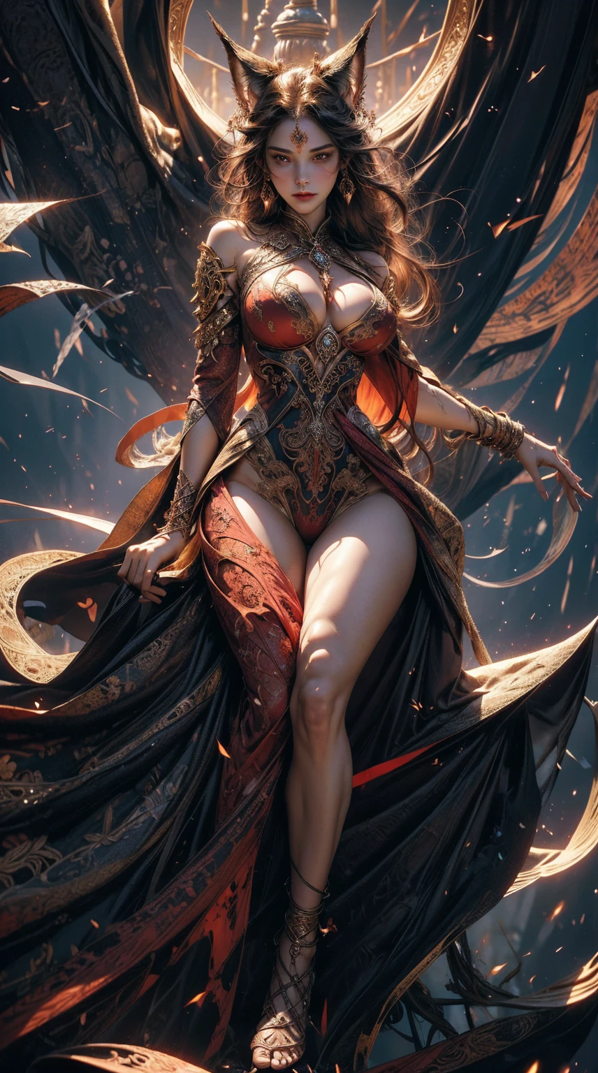 (masterpiece,top quality,Best Quality,official art,beautiful and beautiful:1.2),Scene depicting the Goddess of War in hell with a fiery red demon ((with wolf ears)).,She is a big giant,She is a charming princess,She is a strong warrior,fire,Lightning in the sky,magma,At the foot of the mountain,mountains in the distance,(elelementodefire:1.4),现实的fire,very realistic,correct anatomy,full body shot,convex,nice big breasts,violent house,,Plum,unfulfilled longing,Alone genitalia, camel toe,sexy gesture,,((Sex huge breasts cleavage,big hips )), Alonefoot,sexy gesture,Fist to meat,(zentangle,mandala,Tangled up,enTangled up)(Hairy and fleshy,Alone ,),Woman delicate face,美丽delicate eyes,correct anatomy,detailed face, delicate eyes,divine light,gold paper,gold paper艺术,deep bottom,absurd,wonderful and incredible,epic work,(intricate details,ultra detailed:1.2),Super real photos, epic reality, ((neutral color)),(pastel colours:1.2), surreal, + spring + dynamic composition, extremely detailed, Sharpen, Normal, warm light, light effect, dramatic light, (intricate details:1.1), complex background, (Greg Rutkovsky:0.8), (black and red:0.4),(((bare legs))), ((hourglass figure))