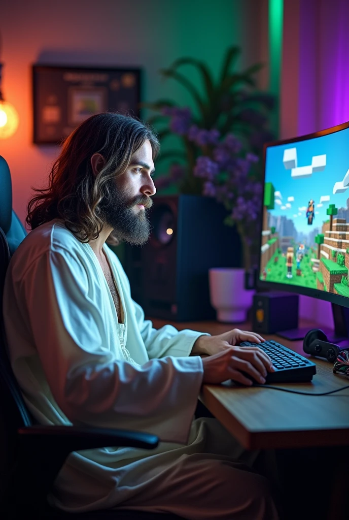 Jesus Christ is playing in his gamer setup, he is playing minecraft inside his 4k screen