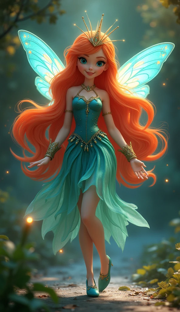 Real fairy magical like in a 1980s dark fantasy movie 3d ultra 8k Bloom from *Winx Club* is a character with bright, fiery red hair that flows in loose waves. She has blue eyes and a fair complexion. Her outfit typically includes a blue and green fairy dress with sparkling accents and butterfly or star motifs. She often wears matching accessories like a headband and shoes. Bloom’s overall look is vibrant and magical, with a little gold crown in her head reflecting her powers as the Fairy of the Dragon Flame