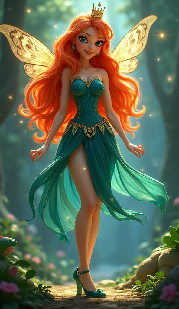 Real fairy magical like in a 1980s dark fantasy movie 3d ultra 8k Bloom from *Winx Club* is a character with bright, fiery red hair that flows in loose waves. She has blue eyes and a fair complexion. Her outfit typically includes a blue and green fairy dress with sparkling accents and butterfly or star motifs. She often wears matching accessories like a headband and shoes. Bloom’s overall look is vibrant and magical, with a little gold crown in her head reflecting her powers as the Fairy of the Dragon Flame