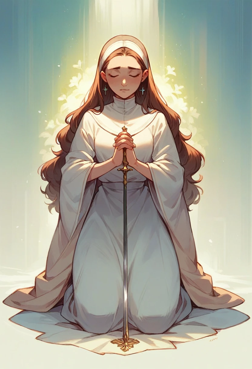Light-haired brunette woman kneeling praying with her hands clasped and receiving illumination from heaven with a background of worries and holding a sword in her hand
