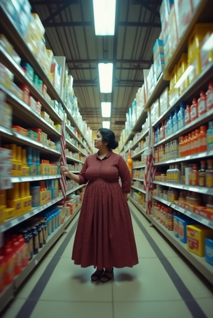Pov penglihatan mu ketika ibu tiri plus size yang sedang hamil besar bekerja dan menjadi seorang kasir di supermarket. Hd, cinematic, photorealistic, fisheye camera view, iphone camera style