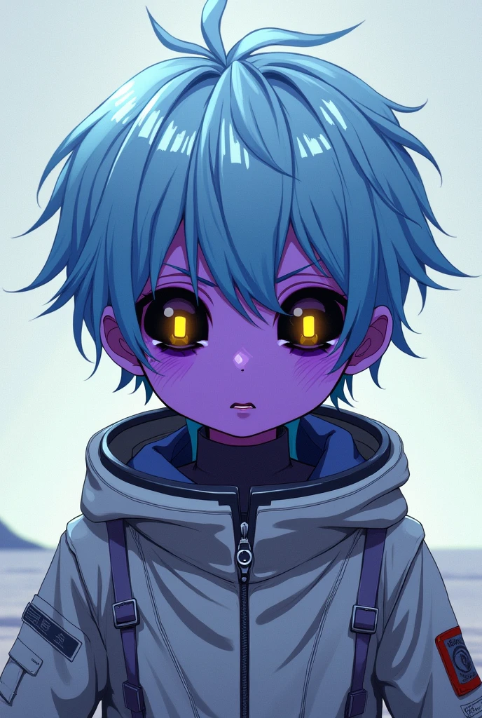 Anime Boy with purple skin, blacked out eyes with yellow pupils, and light blue hair in astronaut suit