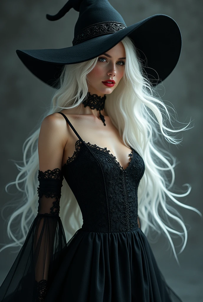 make a mage with fair skin, of white hair, with a black hat, with a beautiful black dress, and with a little chest (I don&#39;t want her full body)