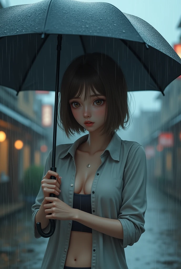 Photorealistic、Highest quality、Highest Resolution、Highest quality、16Ｋ、1 beautiful adult woman、Cute face、Delicate face、Bob cut hair、Ash brown hair color、Brown eyes、Delicate eyes、Beautiful Eyes、Troubled face、Beautiful breasts、Big Breasts、shirt、Shorts、umbrella、大rain、rain、Town