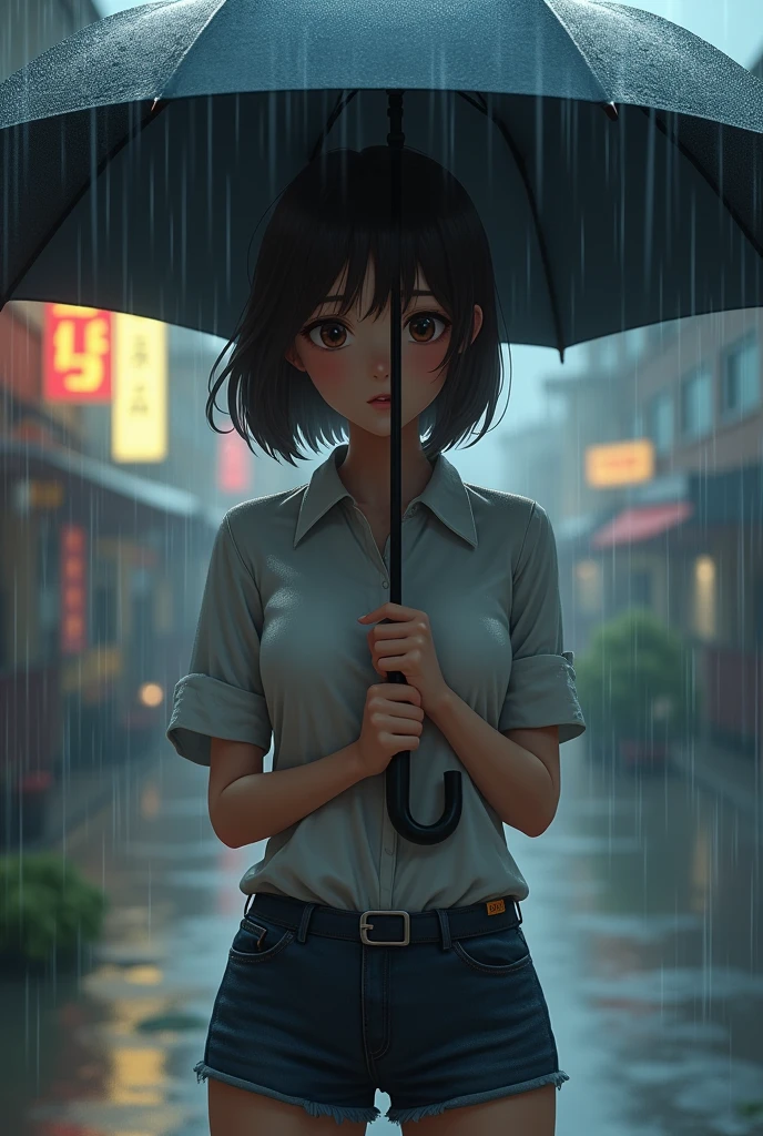 Photorealistic、Highest quality、Highest Resolution、Highest quality、16Ｋ、1 beautiful adult woman、Cute face、Delicate face、Bob cut hair、Ash brown hair color、Brown eyes、Delicate eyes、Beautiful Eyes、Troubled face、Beautiful breasts、Big Breasts、shirt、Shorts、umbrella、大rain、rain、Town