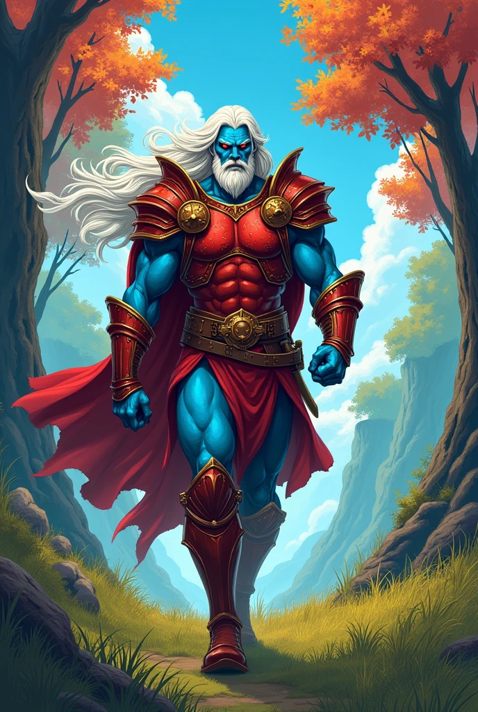 graphic novel flat colors style, cropped detail, fine intricate lineart, hatched shadows, masters of the universe, dark fantasy, low fantasy, sword and sorcery. a (blue skinned, blue skin, dark blue skin:1.3) male warrior, he has long ((white hair)) with lots of volume, and (red armor, armored collar and red shoulder pads:1.3), (gold trim), leather headband with nose guard. (detailed face, detailed eyes) (best quality,4k,8k,highres,masterpiece, colorful, vibrant colors:1.2) , glowing eyes, (glowing red eyes), athletic muscular body. Good hands, detailed hands. magic forest background. Show him walking through tall grass (confidently walking, determined stride:1.1), in meadow, multi-color sky, thick colorful trees.