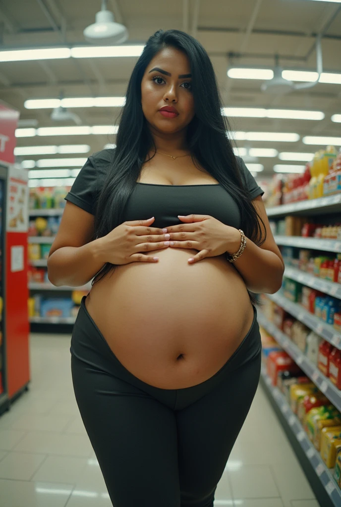 Your POV view of Cardi B's stepmother with a plus size body wearing gym clothes who is heavily pregnant is taking you to the supermarket while shopping.. fisheye camera view, iphone camera style. HD, realface, cinematic