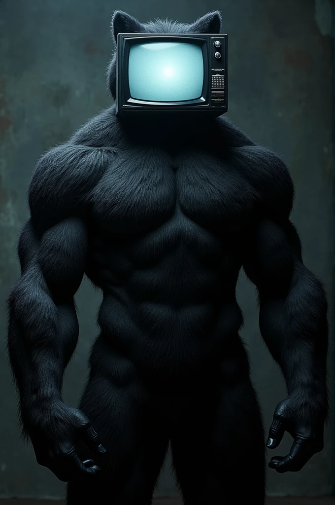 A furry tv head which is black and is buff