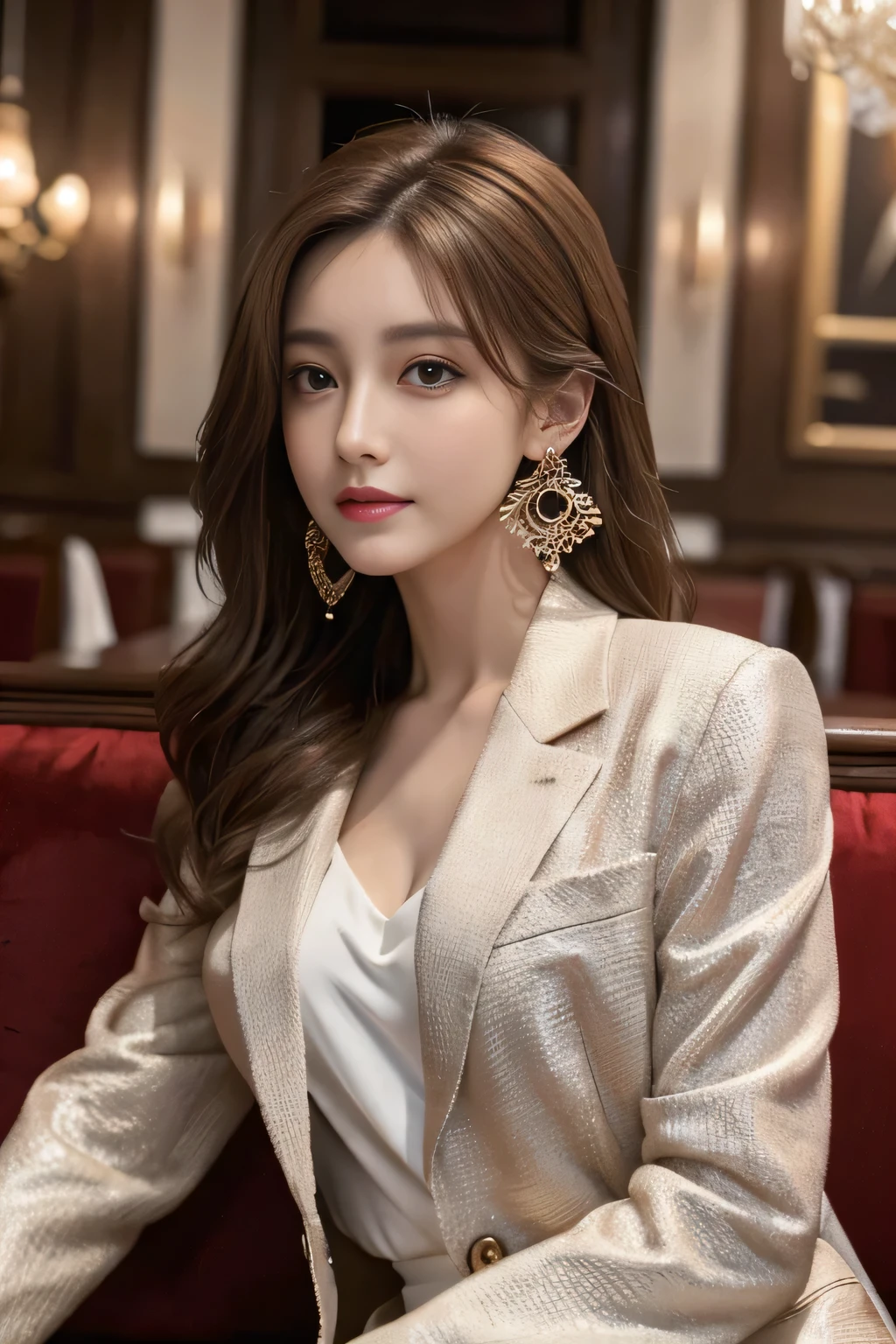 masterpiece, Highest quality, Realistic, Very detailed, Finer details, High resolution, 8k wallpaper, One beautiful woman, Wear a nice suit, In a great restaurant, At night, Light brown messy hair, Perfect dynamic composition, Beautiful and beautiful eyes、Big earrings、Sit on the sofa
