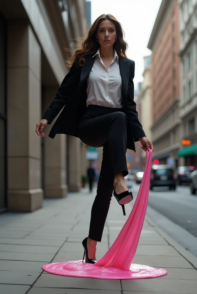 businesswoman in black suit lifts her leg in the air as sticky wad of pink chewing gum stretches from under her black high heel stiletto on the sidewalk