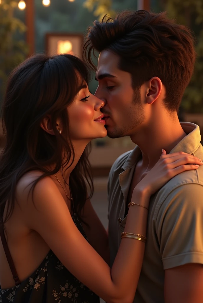 The woman kisses the man by surprise