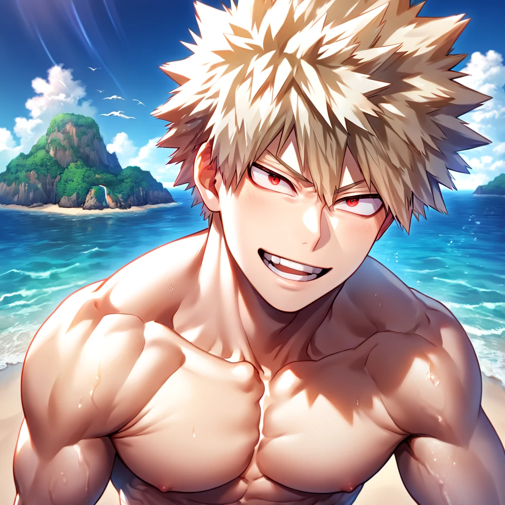 absurdres, highres, ultra detailed, HDR, master piece, best quality, extremely detailed, Bakugou Katsuki, ash-blonde hair, expressive red eyes, Boku No Hero Academia, solo, sexy man, handsome, handsome smile, sensual, manly man, bare chest, horny, island, sea, beach