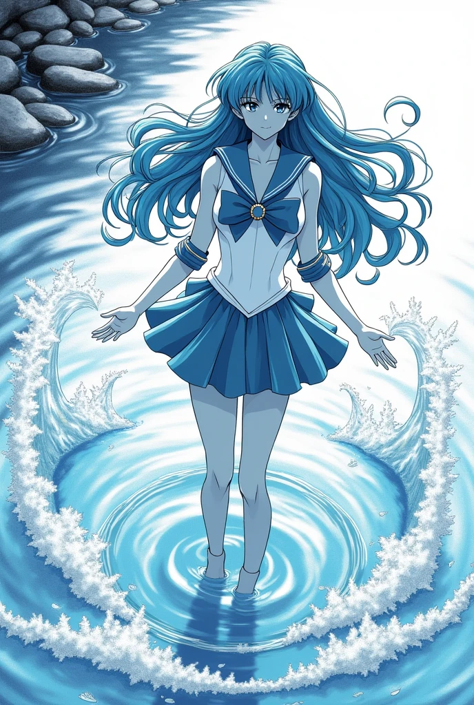 Monochrome manga illustration, Sailor Mercury, ethereal beauty, flowing azure hair cascading like water, donned in a stunning attire resembling waves, strikingly focused gaze mastering swirling torrents, hands gracefully positioned, wielding elemental water, intricate ripples emanating from fingertips, serene river bed as backdrop, smooth pebbles reflecting delicate shadows, tranquil atmosphere contrasting with dynamic water movements, low-angle perspective emphasizing her commanding presence, delicate line detailing enhancing the fluidity of water, rhythmic waves depicted with intricate hatching, layered tones showcasing depth and texture, depth of field blurring river banks softly, serene ambiance with soft gradients, evocative expression capturing determination and tranquility, harmonious balance of strength and elegance, seamlessly merging the two worlds of fantasy and serenity, high-contrast shadows highlighting her silhouette, captivating choreographed motion frozen in time, artistry reflecting the spirit of storytelling inherent in manga illustration