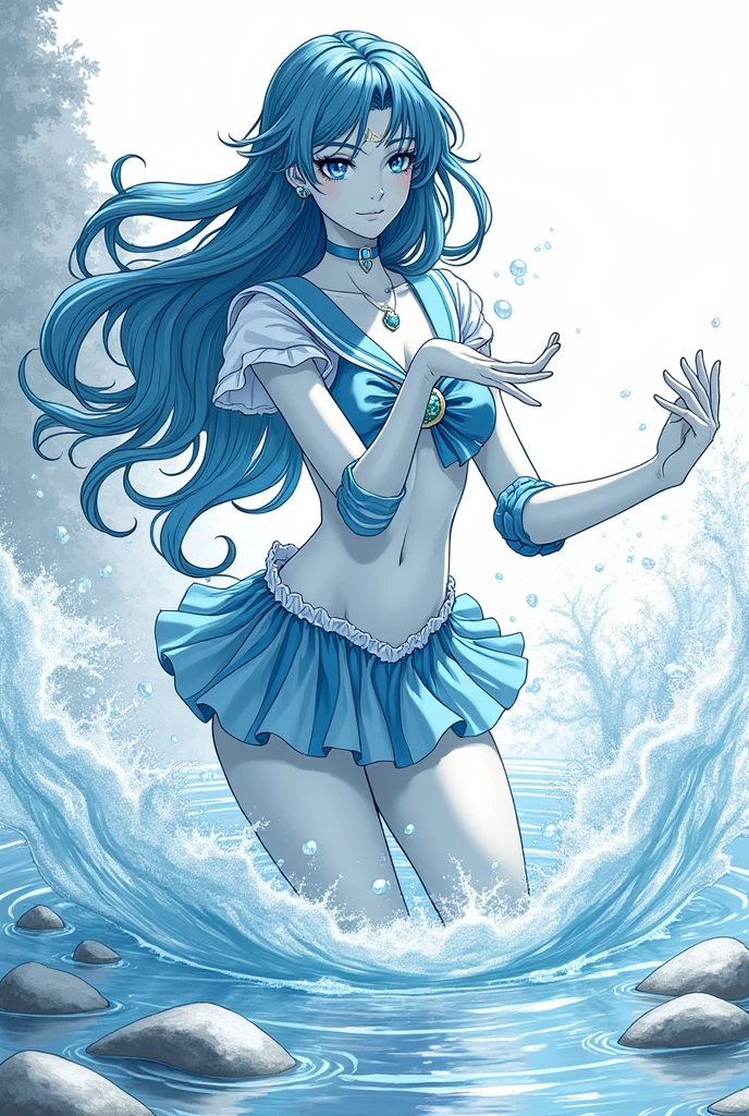 Monochrome manga illustration, Sailor Mercury, ethereal beauty, flowing azure hair cascading like water, donned in a stunning attire resembling waves, strikingly focused gaze mastering swirling torrents, hands gracefully positioned, wielding elemental water, intricate ripples emanating from fingertips, serene river bed as backdrop, smooth pebbles reflecting delicate shadows, tranquil atmosphere contrasting with dynamic water movements, low-angle perspective emphasizing her commanding presence, delicate line detailing enhancing the fluidity of water, rhythmic waves depicted with intricate hatching, layered tones showcasing depth and texture, depth of field blurring river banks softly, serene ambiance with soft gradients, evocative expression capturing determination and tranquility, harmonious balance of strength and elegance, seamlessly merging the two worlds of fantasy and serenity, high-contrast shadows highlighting her silhouette, captivating choreographed motion frozen in time, artistry reflecting the spirit of storytelling inherent in manga illustration