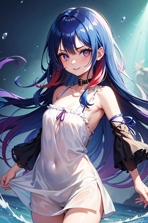 uta (one piece), oda eiichirou,, , 1 girl, :d, bangss, blue cinta, Diamant-formad pupils, Diamant (forma), hair between the eyes, earbuds, long hair, multicoloRed hair, gaping mouth, purples eyes, Red hair, cinta, signature, chemise, sleeveless, sleeveless chemise, ssmile, standing alone, ((split color hair)), symbol-shaped pupils, White hair, white chemise, mar, one eye covered, looking ahead at viewer 