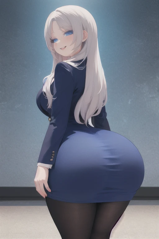 wide hips, from behind, huge ass, looking back, looking at viewer, blue dress with black tights, and black blazer, large breasts, smile, lips, blue eyes